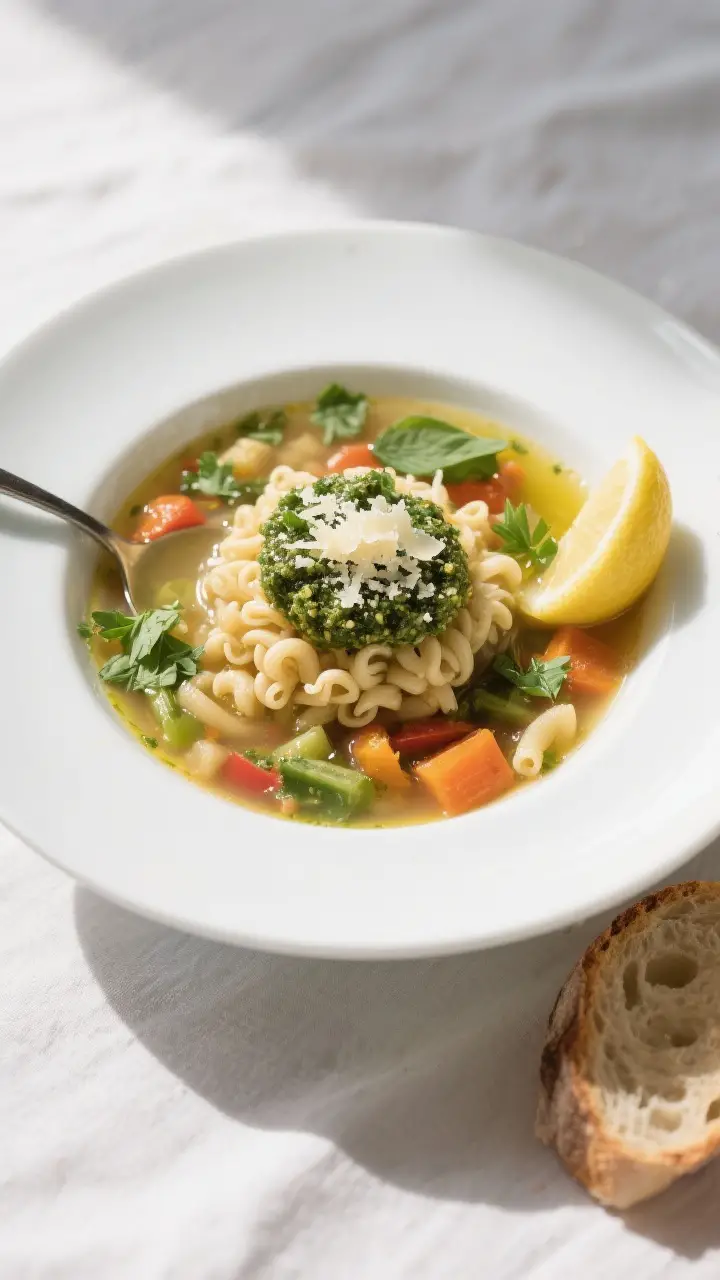Final dish presentation: Overhead shot of a wide, white soup bowl filled with spring minestrone, res