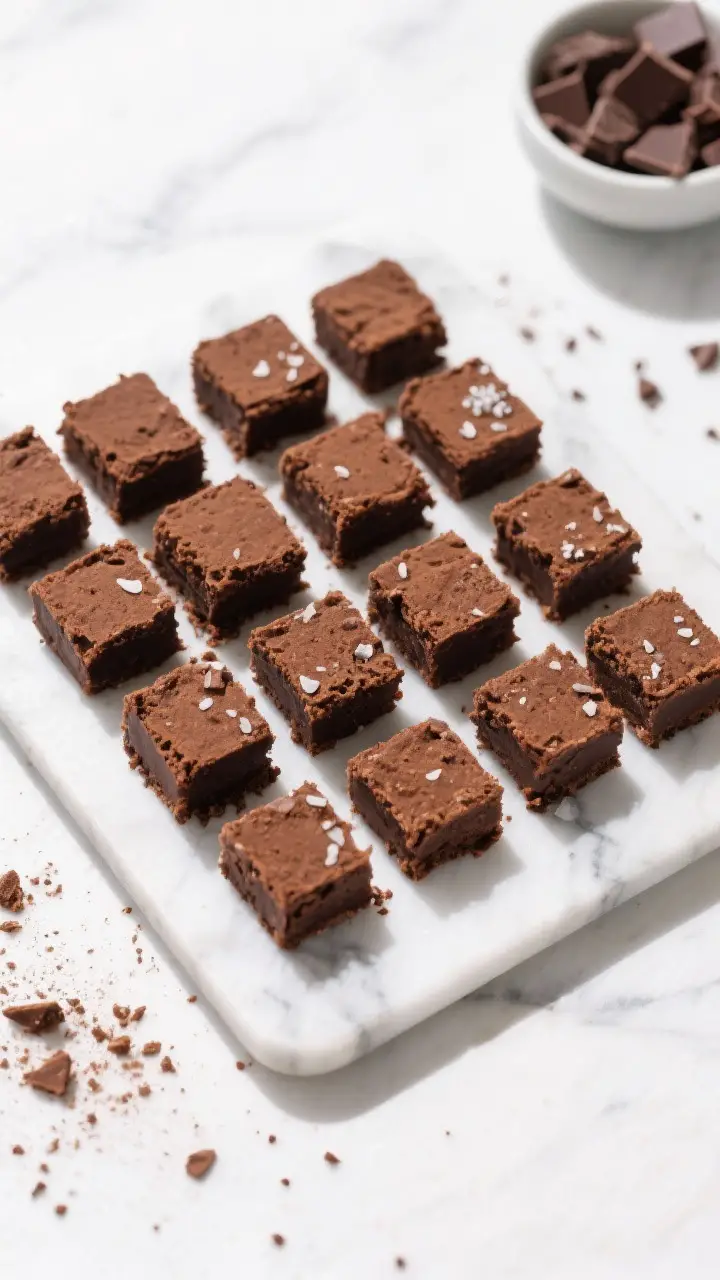 Final dish presentation: Overhead shot of neatly cut brownie squares (16 pieces) arranged in a tight
