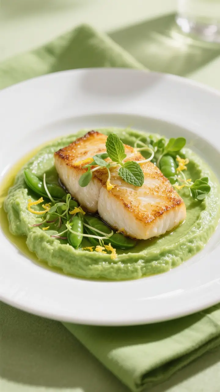 Final dish presentation: Pan seared halibut perched on a lush, silky spring pea puree with a glossy 