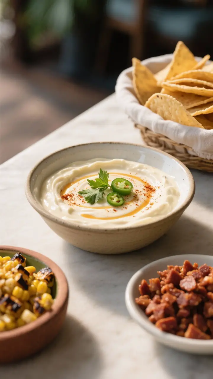 Final dish presentation, party-ready: Restaurant-quality spread featuring a low, wide ceramic bowl o