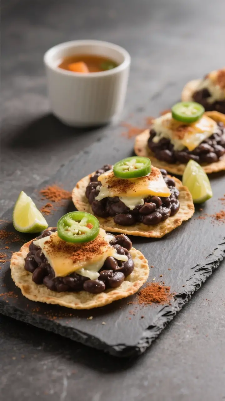 Final dish presentation: Refried black beans spread onto crispy tostadas, topped with a sprinkle of