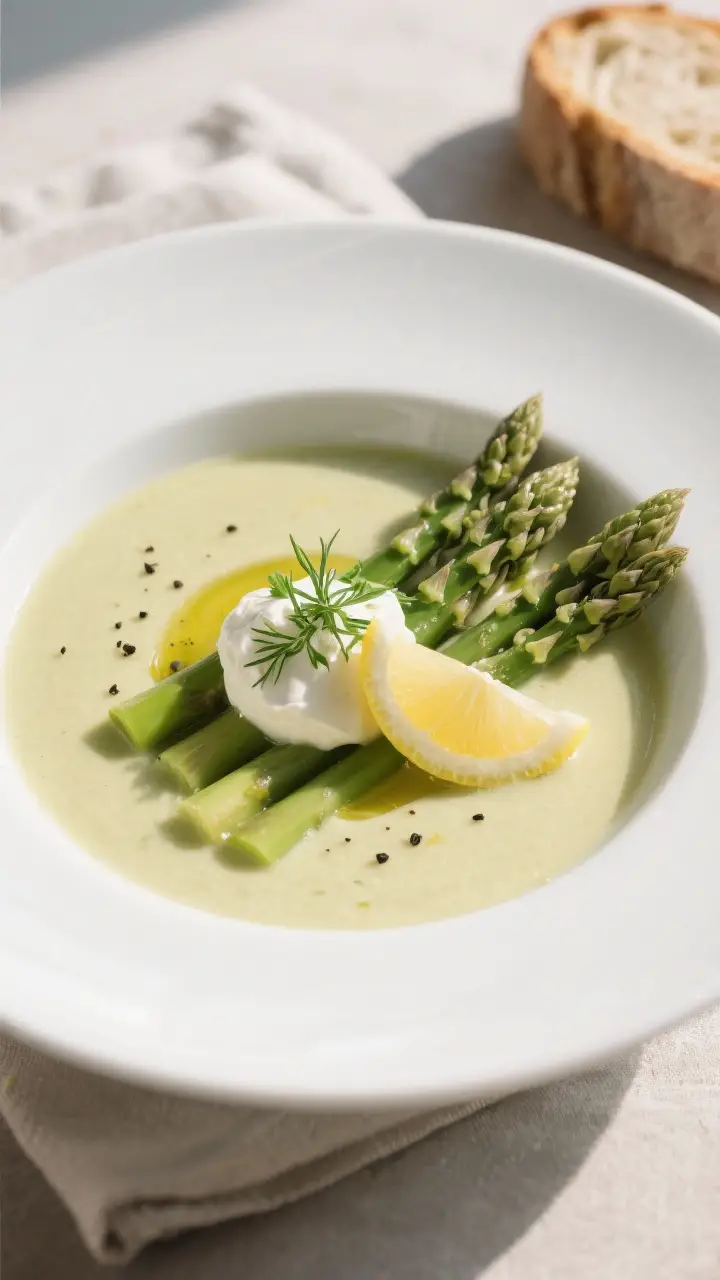 Final dish presentation: Restaurant-quality bowl of cream of asparagus soup, ultra-smooth and velvet
