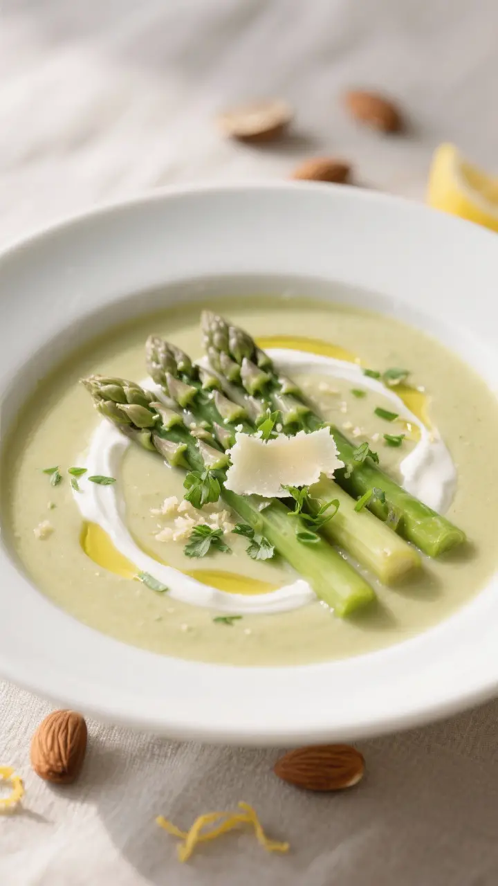 Final dish presentation: Restaurant-quality bowl of asparagus and leek soup, ultra-smooth and velvet