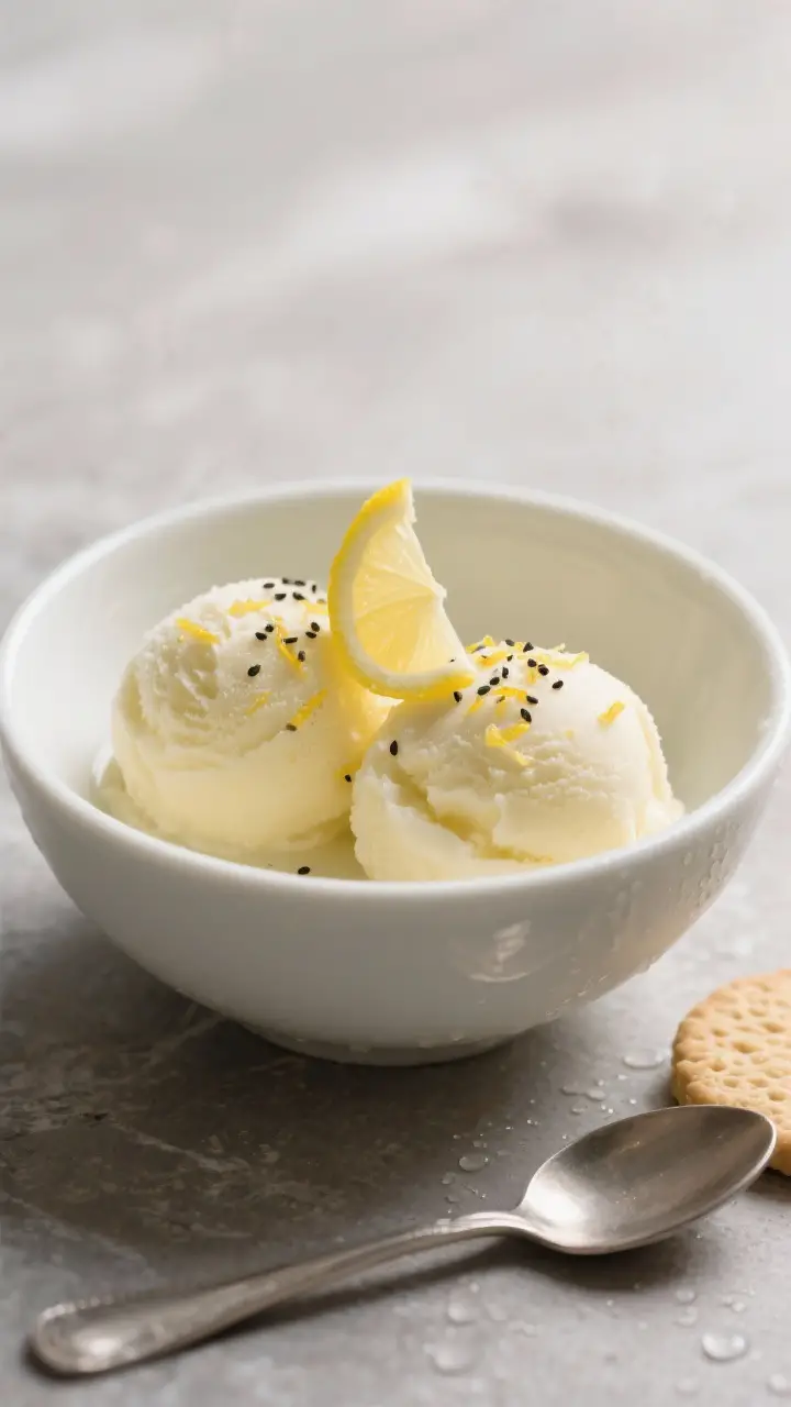 Final dish presentation: Restaurant-quality bowl of lemon sherbet, two perfectly round scoops with v