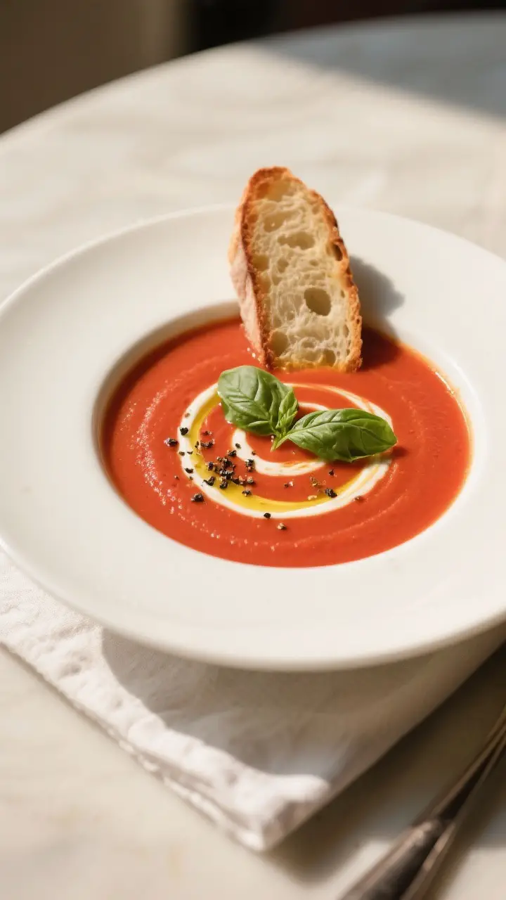 Final dish presentation: Restaurant-quality bowl of Fresh Tomato Basil Soup plated in a wide, white