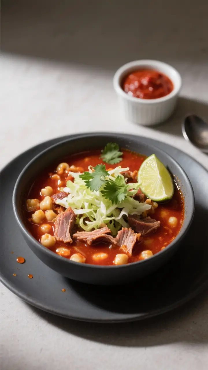 Final dish presentation: Restaurant-quality bowl of posole with a slightly thickened red chile broth