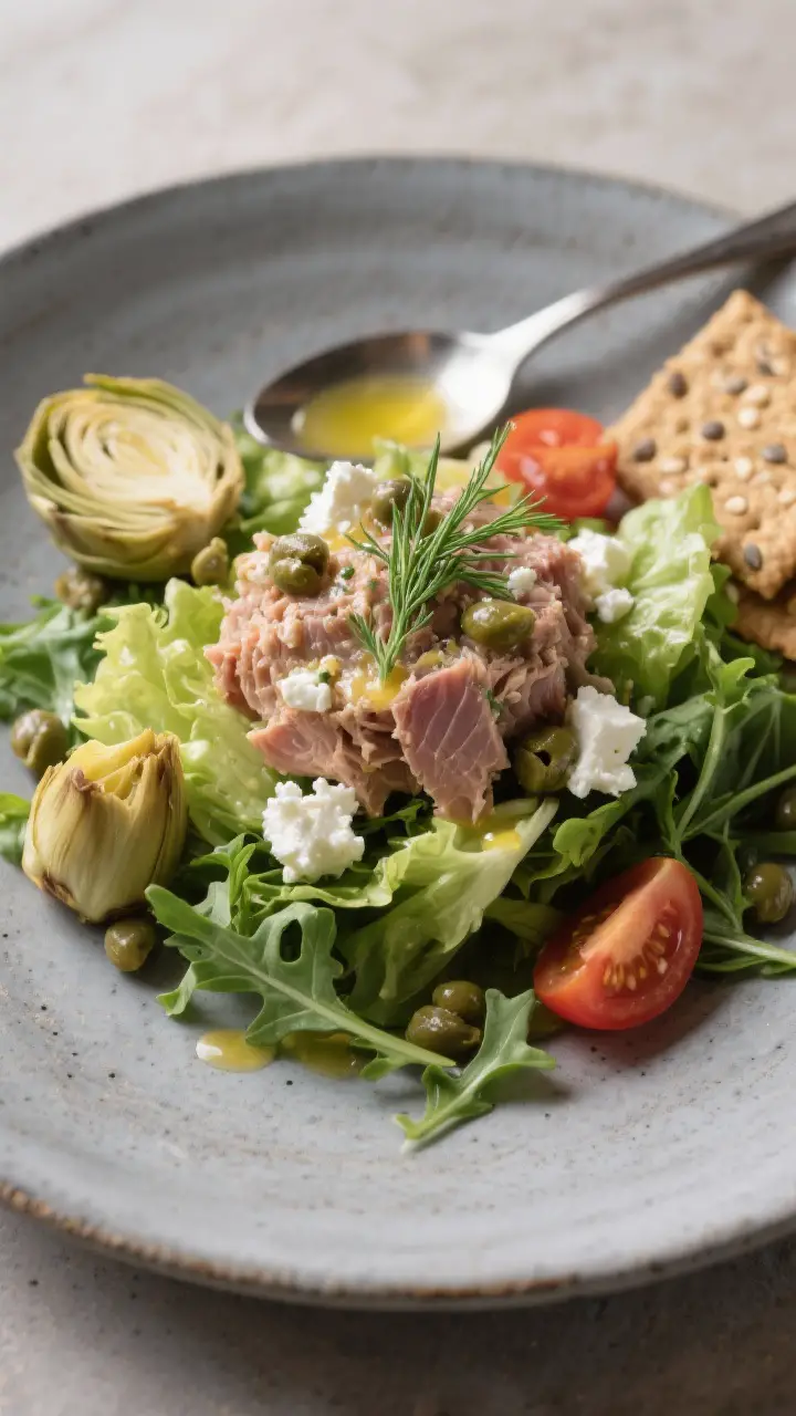 Final dish presentation: Restaurant-quality individual plate—bed of arugula and romaine topped wit