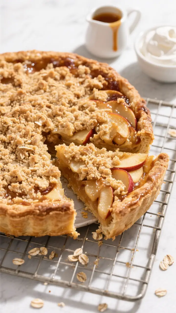 Final dish presentation: Restaurant-quality overhead shot of the whole baked Dutch apple pie on a co