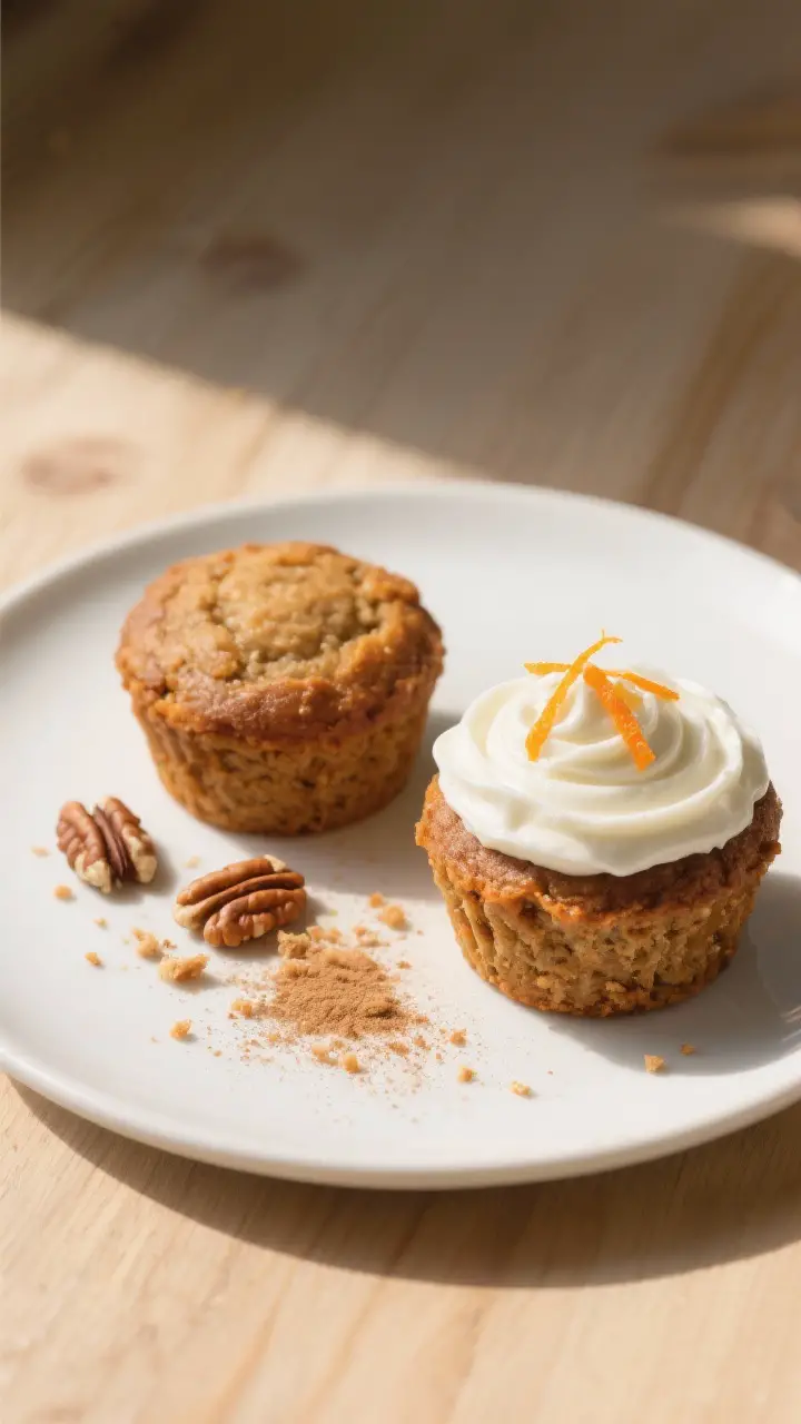 Final dish presentation: Restaurant-quality plate-up of two carrot cake muffins on a matte white pla