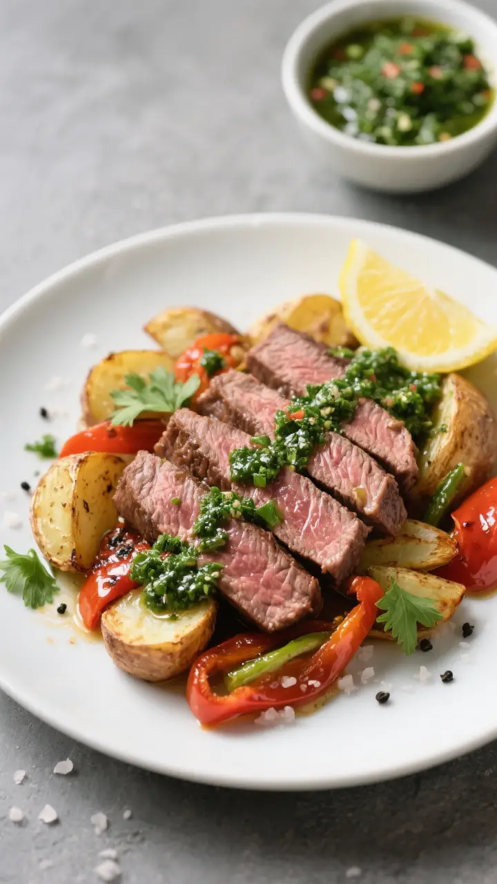 Final dish presentation: Restaurant-quality plate of Sheet Pan Steak with Chimichurri and Roasted Ve
