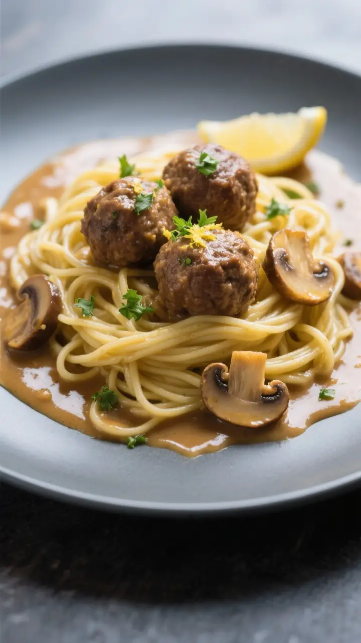 Final dish presentation: Restaurant-quality plate of meatballs and gravy over buttery egg noodles; n
