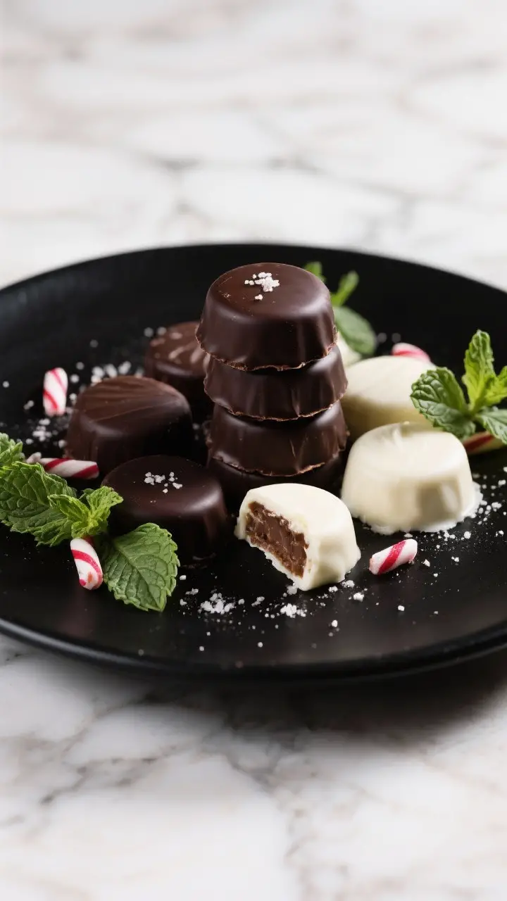 Final dish presentation: Restaurant-quality plate of assorted peppermint patties—classic dark choc