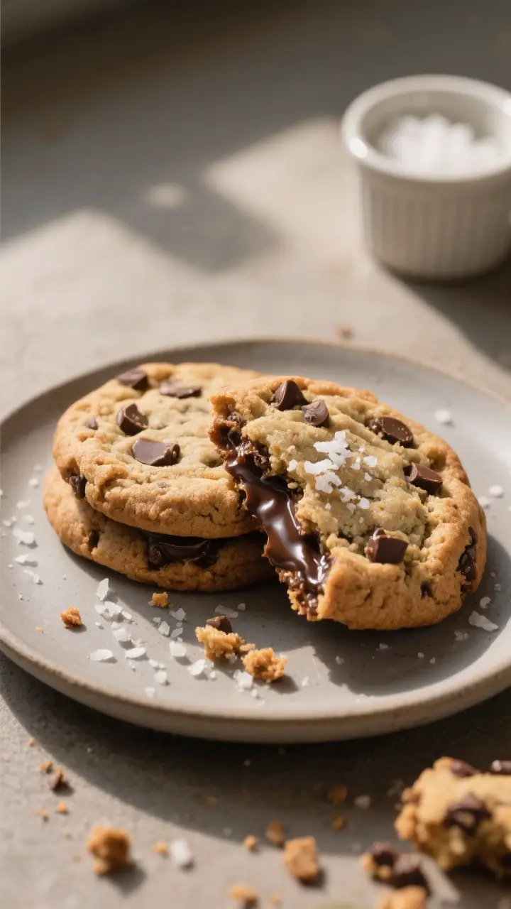 Final dish presentation: Restaurant-quality plate-up of two thick NYT-style chocolate chip cookies o