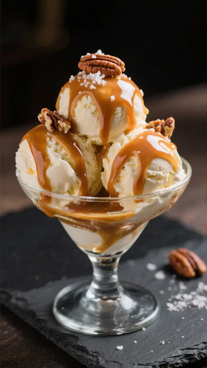 Final dish presentation: Restaurant-quality plated vanilla ice cream sundae generously drizzled with