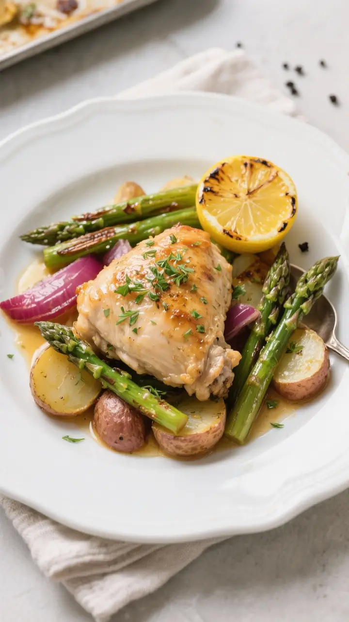 Final dish presentation: Restaurant-quality plated serving of Sheet Pan Lemon Herb Chicken with Spri