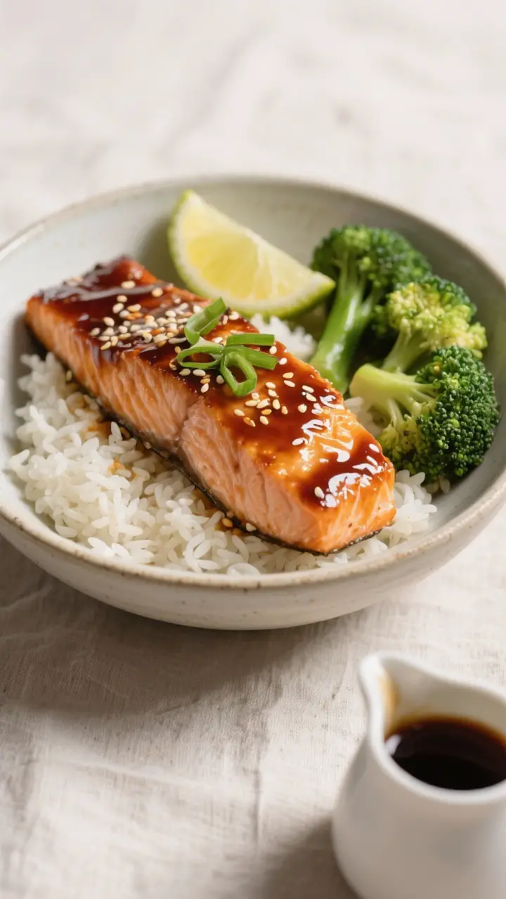 Final dish presentation: Restaurant-quality plated teriyaki salmon bowl—one glazed salmon fillet s