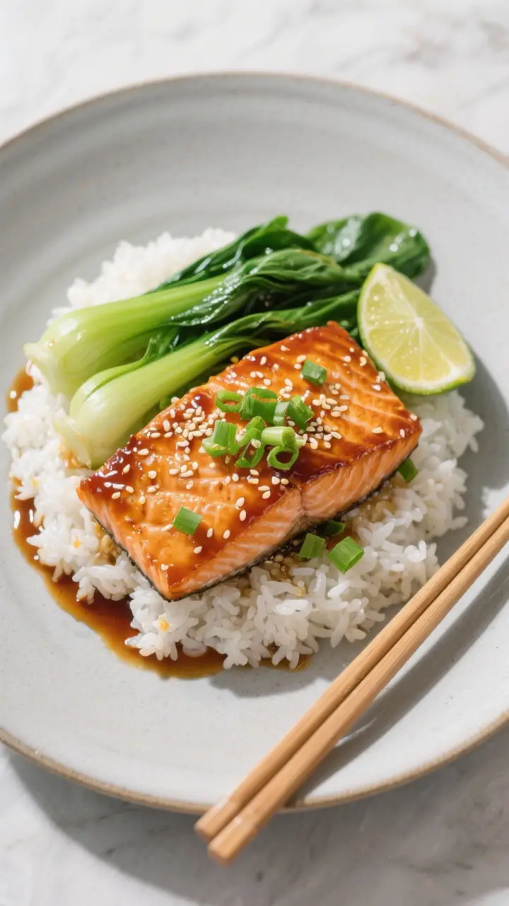 Final dish presentation: Restaurant-quality plated sesame ginger salmon with bok choy over fluffy wh