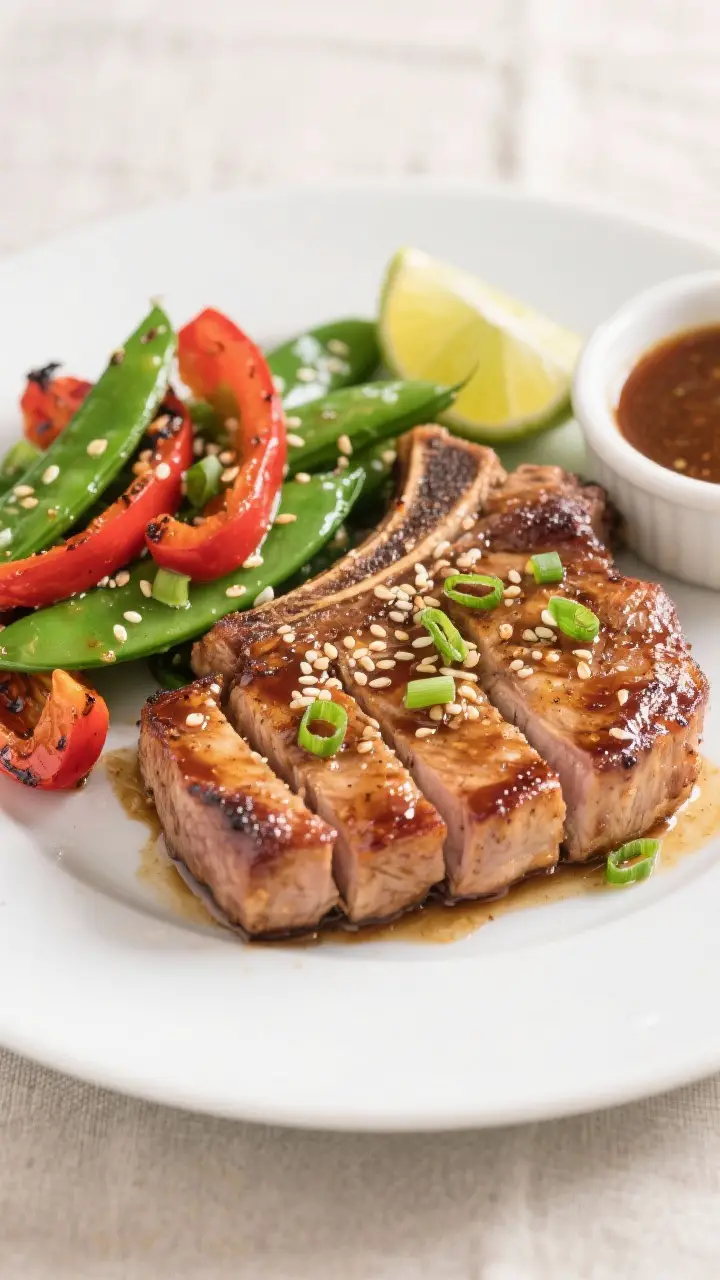 Final dish presentation: Restaurant-quality plated Honey Soy Pork Chops with Snap Peas—one thick, 