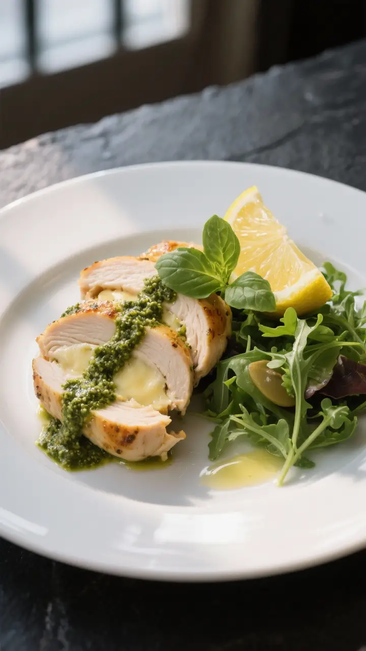 Final dish presentation: Restaurant-quality plated pesto stuffed chicken breast sliced into thick me