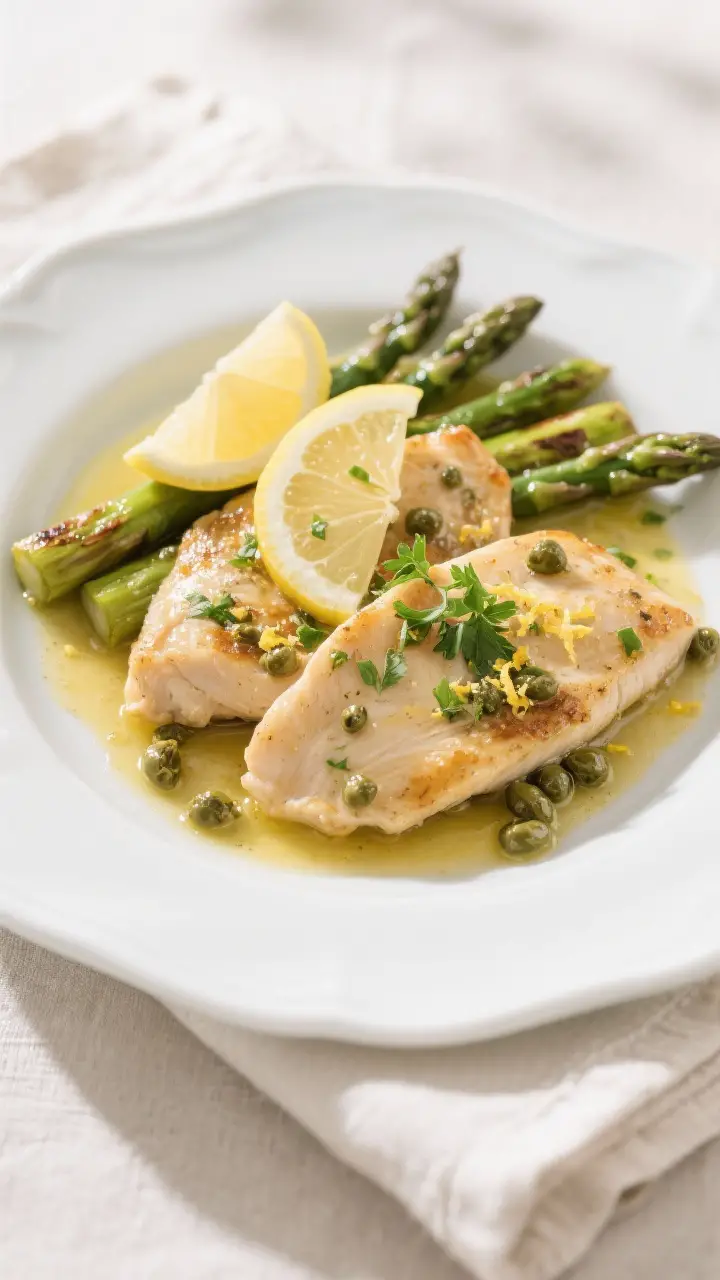 Final dish presentation: Restaurant-quality plated Spring Chicken Piccata—two thin cutlets nestled