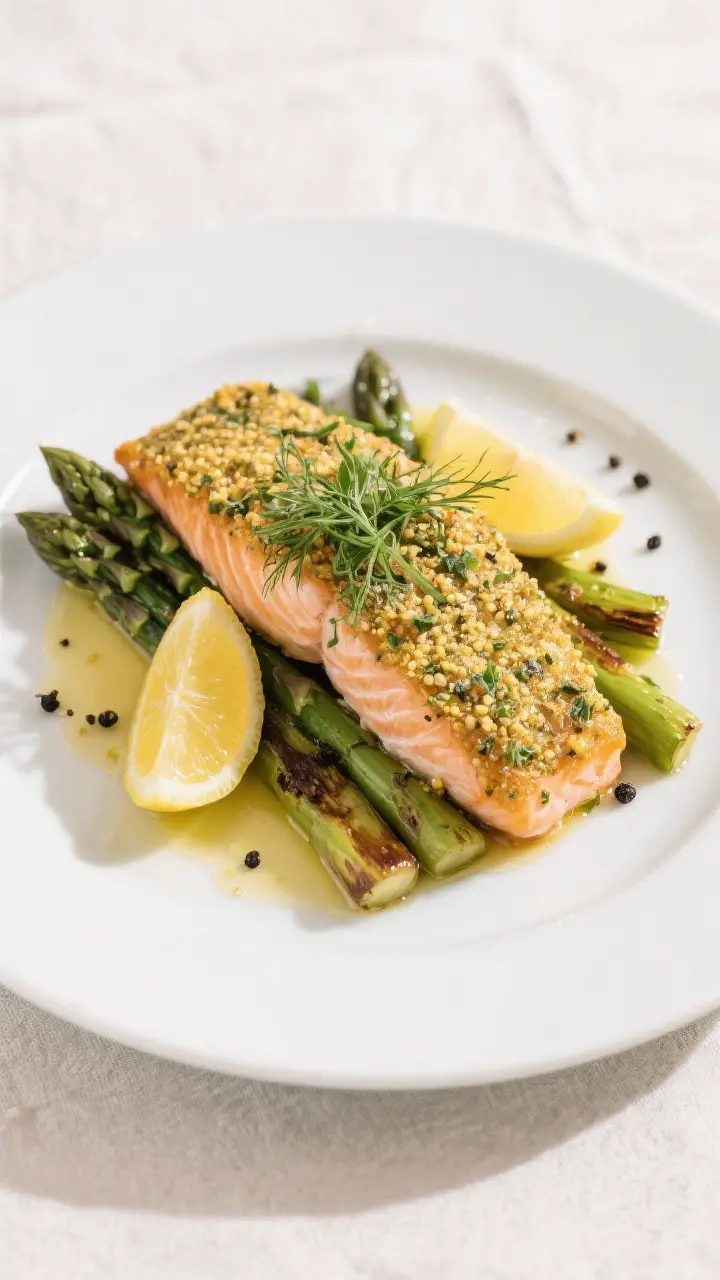 Final dish presentation: Restaurant-quality plated Herb Crusted Salmon with Dijon, crust deeply gold