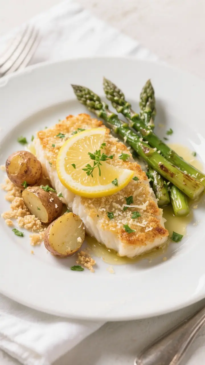 Final dish presentation: Restaurant-quality plated baked cod with Parmesan crust on a matte white pl