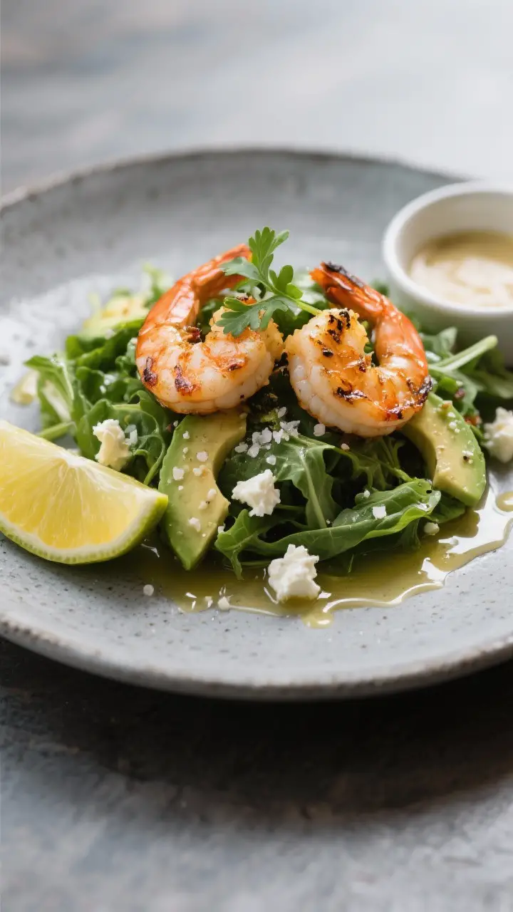 Final dish presentation: Restaurant-quality plated salad with slightly warm grilled shrimp perched o