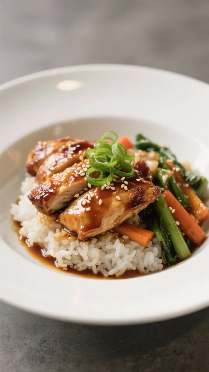 Final dish presentation: Restaurant-quality plated teriyaki chicken bowl, three-quarter angle emphas