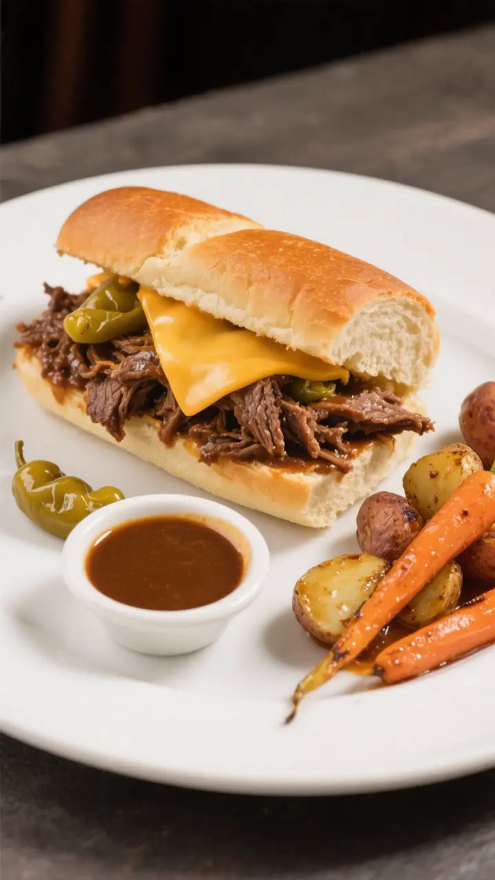 Final dish presentation: Restaurant-quality plated Mississippi Pot Roast sandwich—hearty toasted h