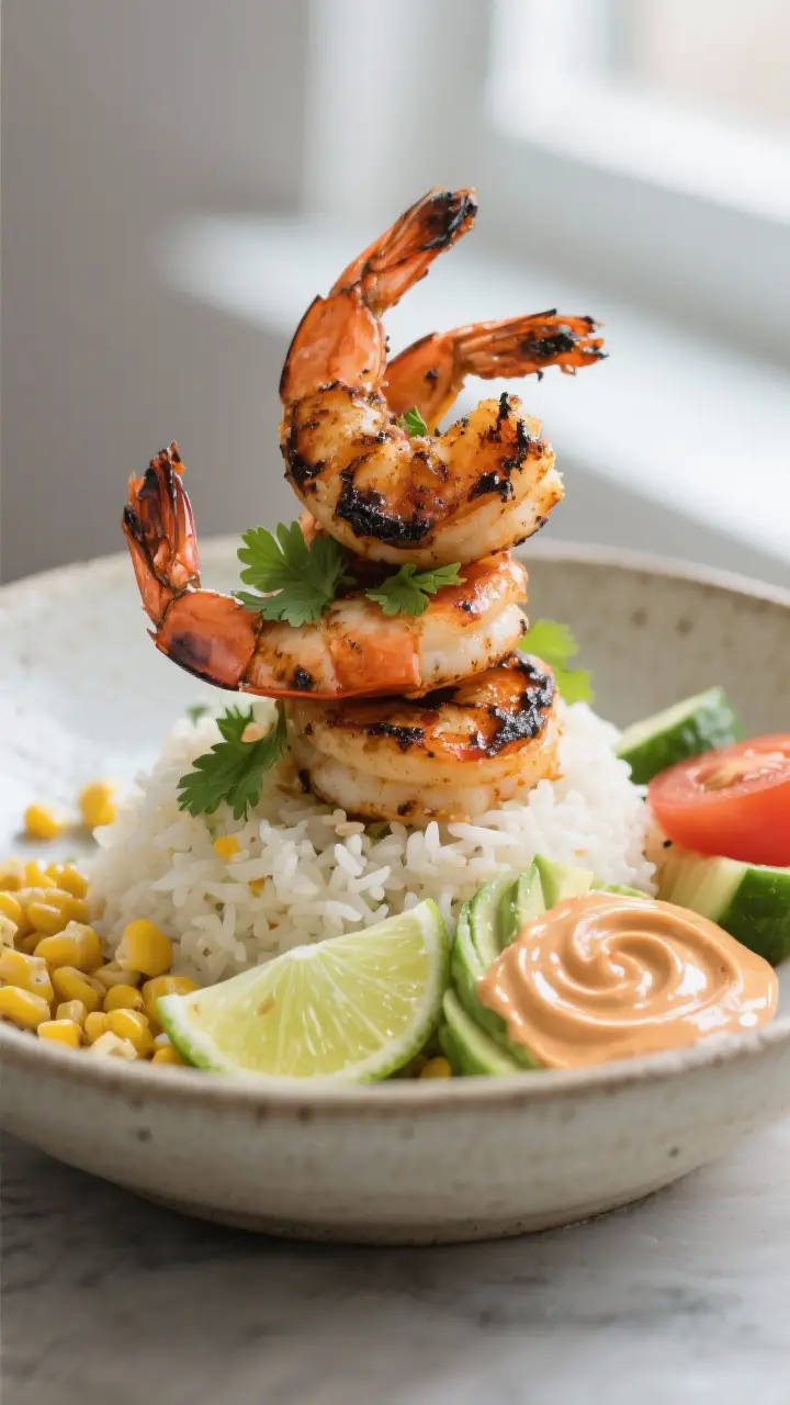 Final dish presentation: Restaurant-quality plated Blackened Shrimp Bowl, three shrimp stacked promi