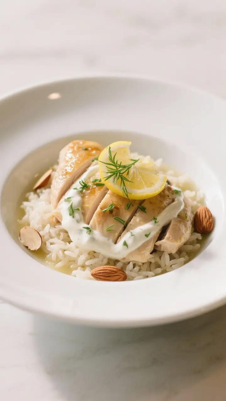 Final dish presentation: Restaurant-quality plated Lemon Herb Chicken Rice Bowl in a wide, shallow w