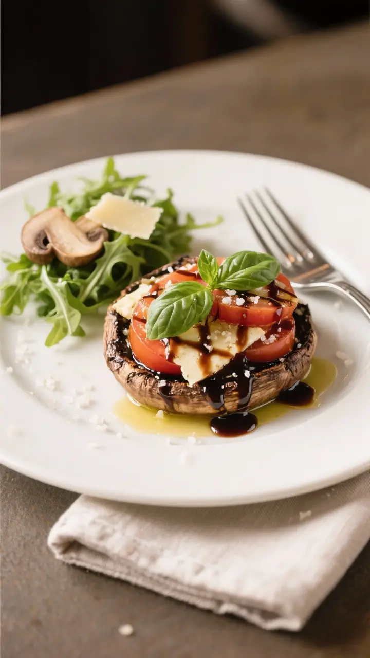 Final dish presentation: Restaurant-quality plated Caprese stuffed portobello served as a light main