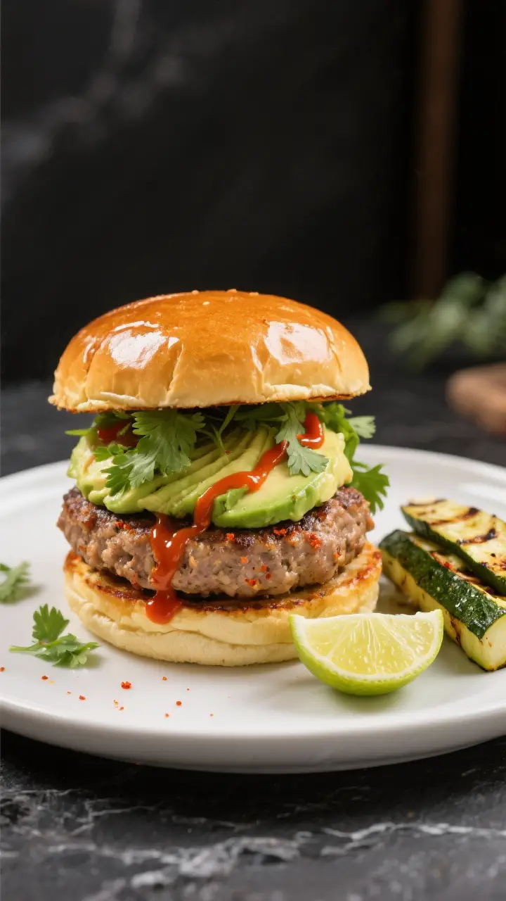 Final dish presentation: Restaurant-quality plated turkey burger stacked high on a matte white plate