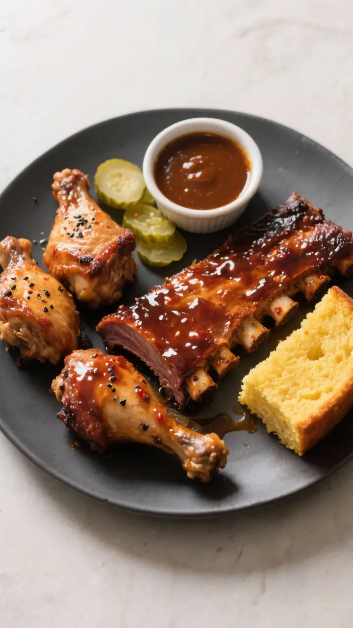 Final dish presentation: Restaurant-quality plated Texas-style BBQ spread—beef ribs and smoked chi