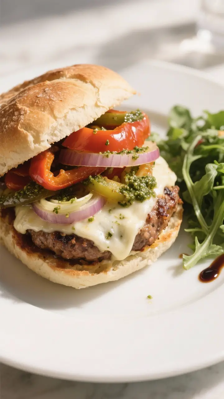 Final dish presentation: Restaurant-quality plated Italian Sausage Burger (mozzarella version) on a 