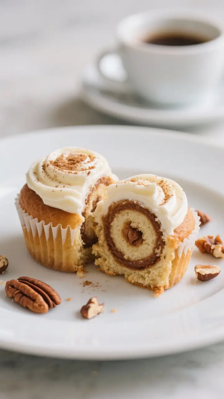Final dish presentation: Restaurant-quality plated cinnamon roll cupcakes on a matte white dessert p