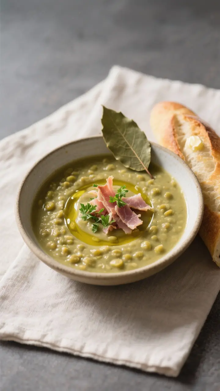 Final dish presentation: Restaurant-quality plated split pea and ham soup, partially blended for a s