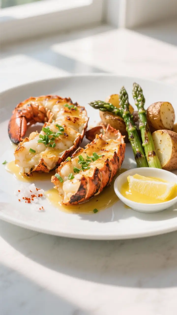 Final dish presentation: Restaurant-quality plated smoked lobster tails on a matte white plate, brus