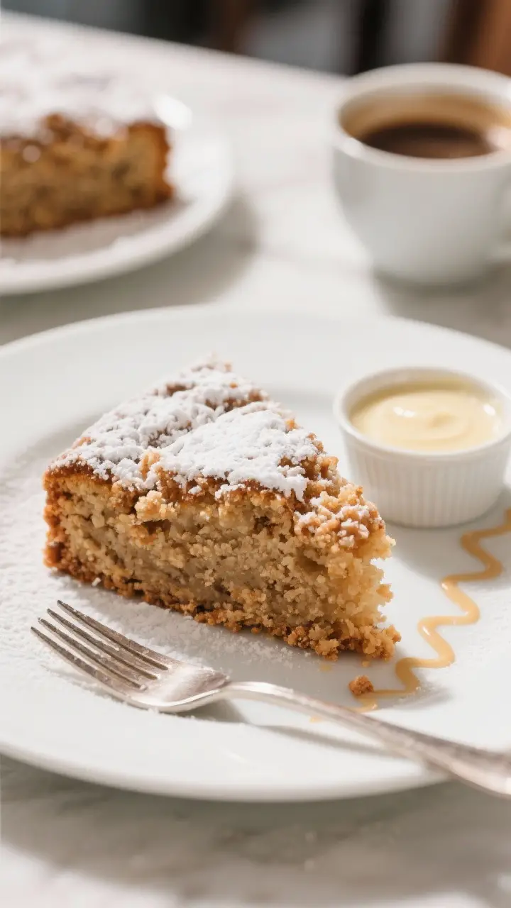 Final dish presentation: Restaurant-quality plated slice of Cinnamon Crumb Cake dusted with powdered