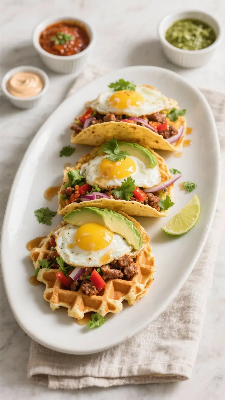 Final dish presentation: Restaurant-quality plated trio of breakfast waffle tacos on a matte white o