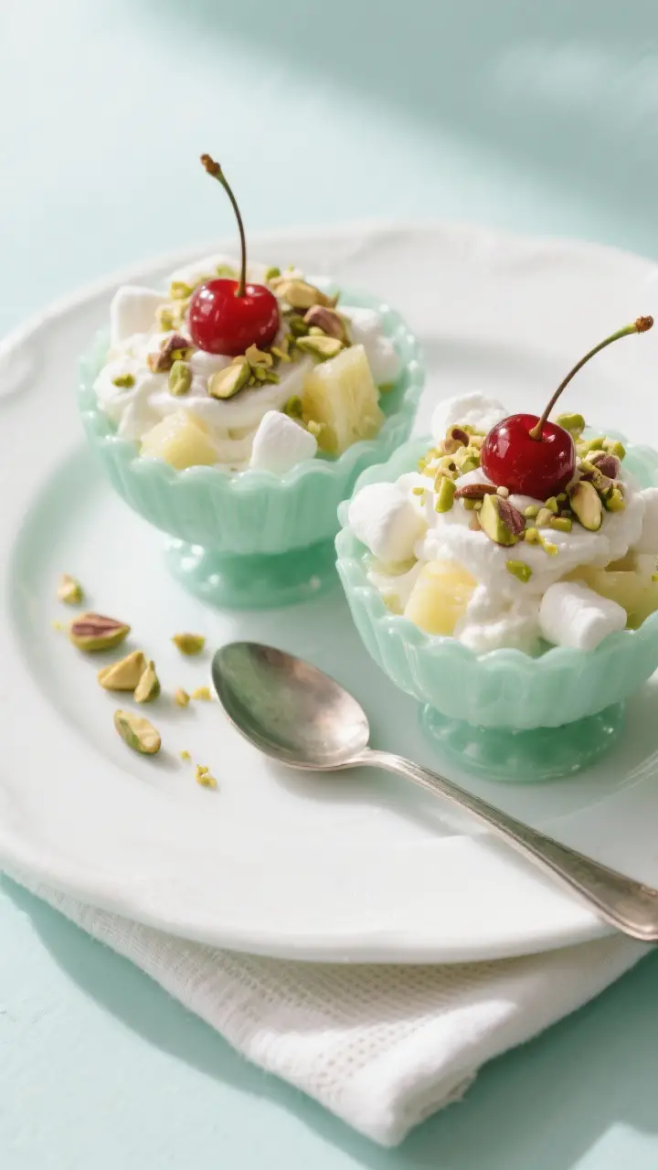 Final dish presentation: Restaurant-quality plating of Watergate Salad served in individual vintage-