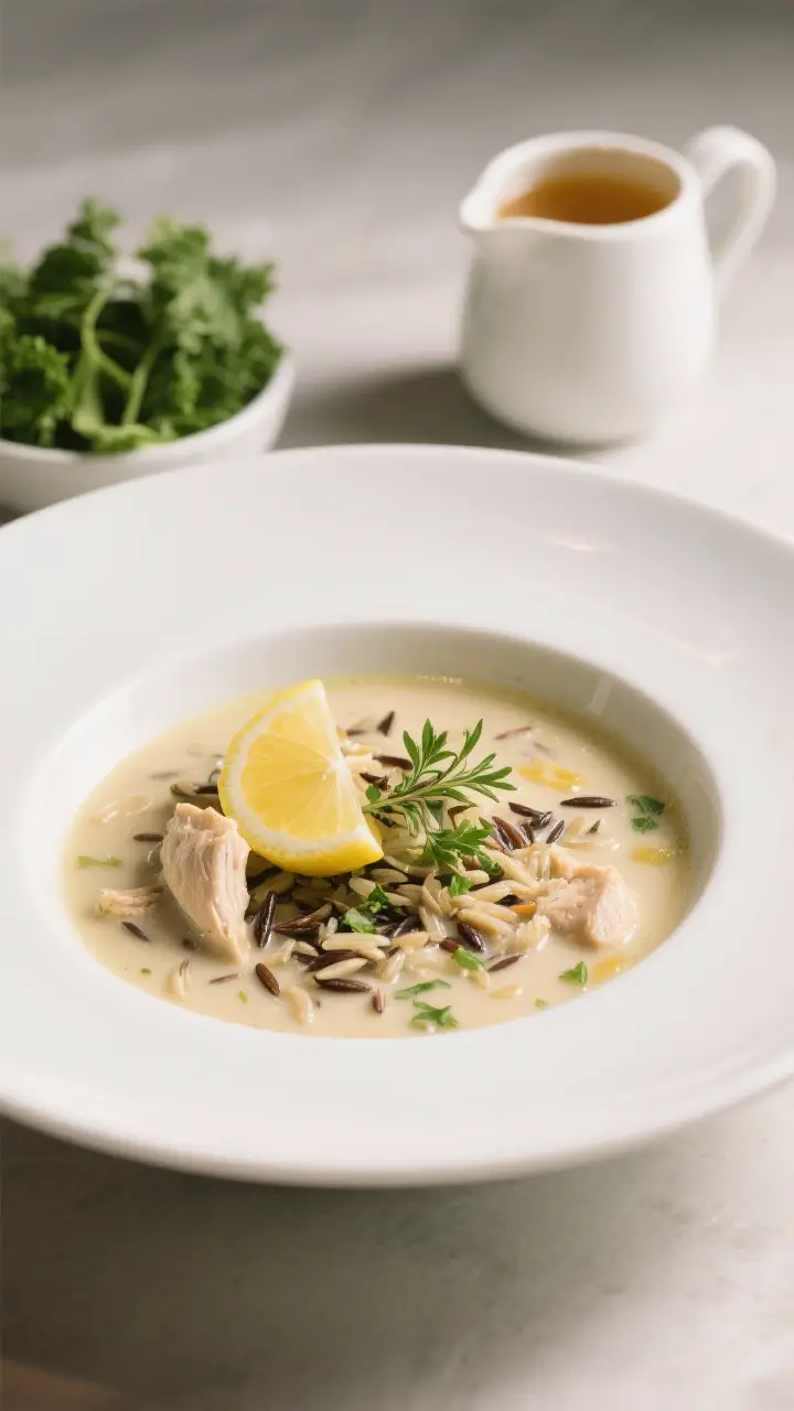 Final dish presentation: Restaurant-quality plating of chicken and wild rice soup in a wide, shallow