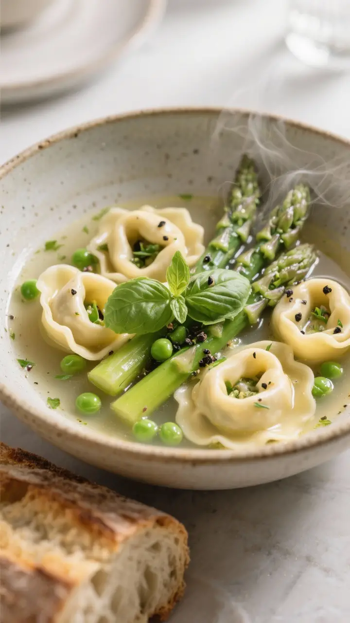 Final dish presentation: Restaurant-quality plating of Spring Tortellini Soup in a shallow stoneware