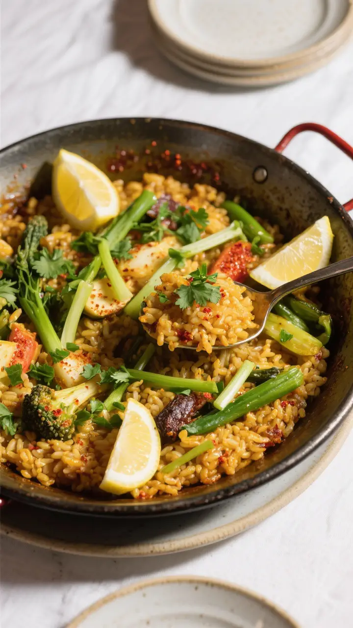 Final dish presentation: Restaurant-quality plating of spring vegetable paella served family-style i