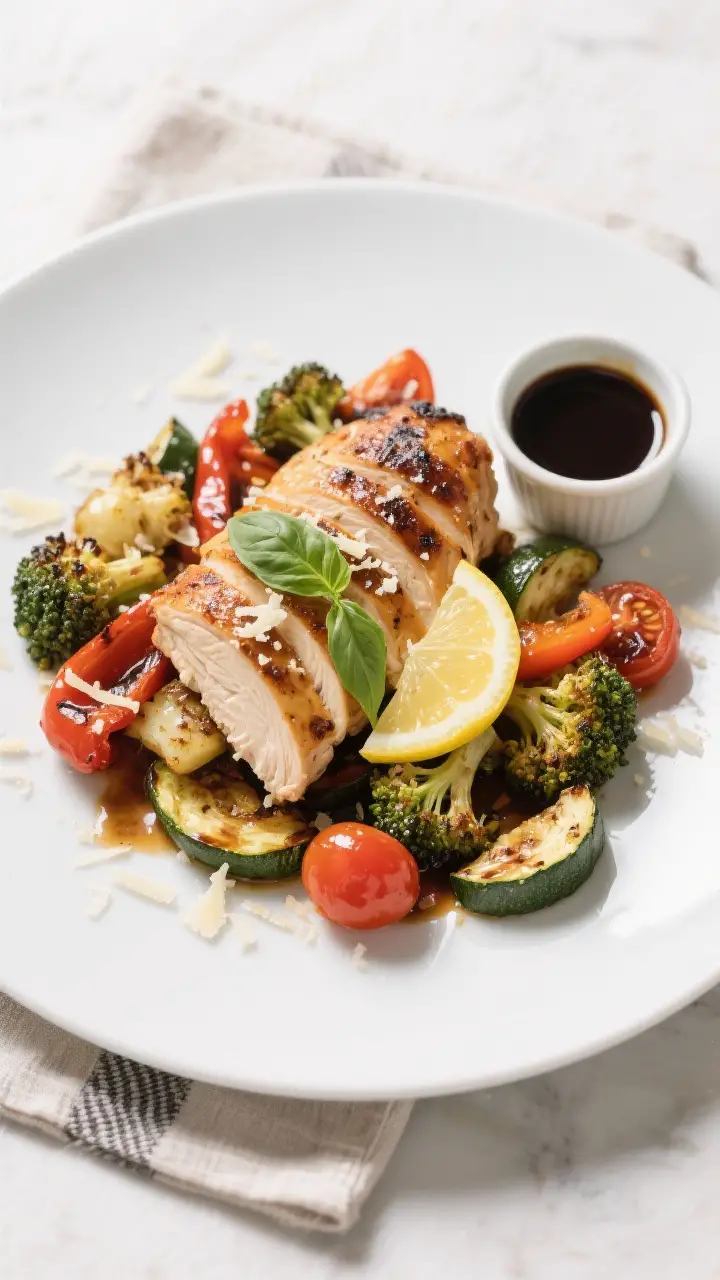 Final dish presentation: Restaurant-quality plating of One Pan Balsamic Chicken and Vegetables—sli