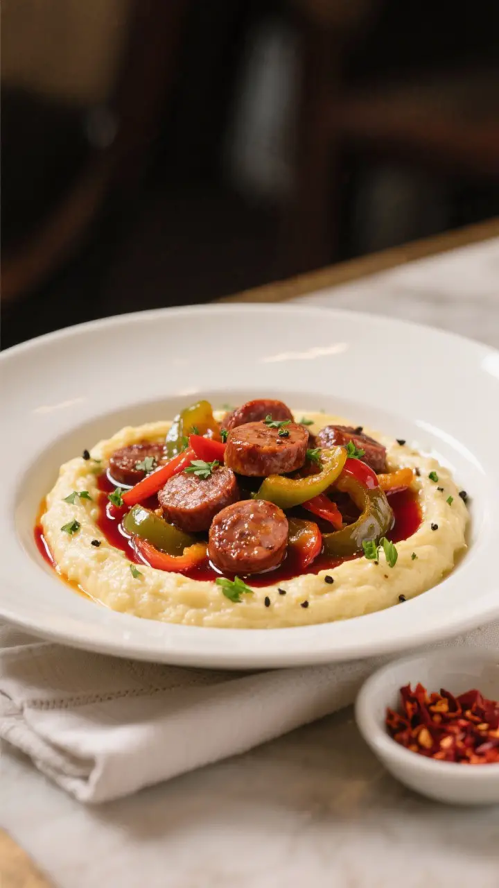 Final dish presentation: Restaurant-quality plating of Skillet Sausage and Peppers over creamy polen