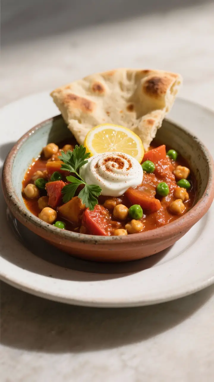 Final dish presentation: Restaurant-quality plating of the tagine served with warm flatbread, angled