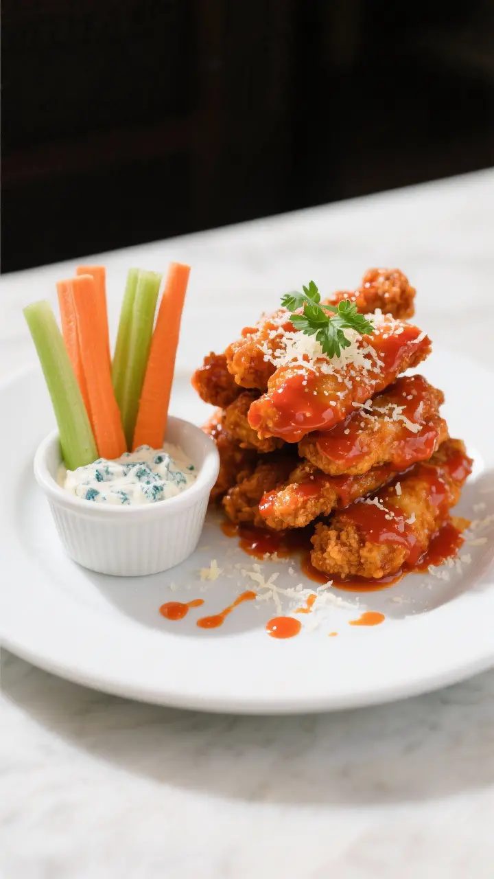 Final dish presentation: Restaurant-quality plating of Buffalo chicken tenders on a matte white plat
