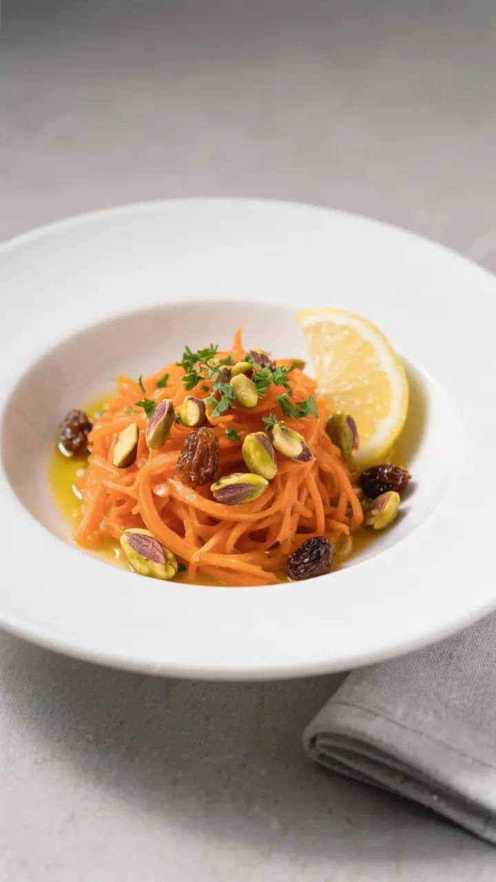 Final dish presentation: Restaurant-quality plating of French carrot salad in a shallow white coupe 