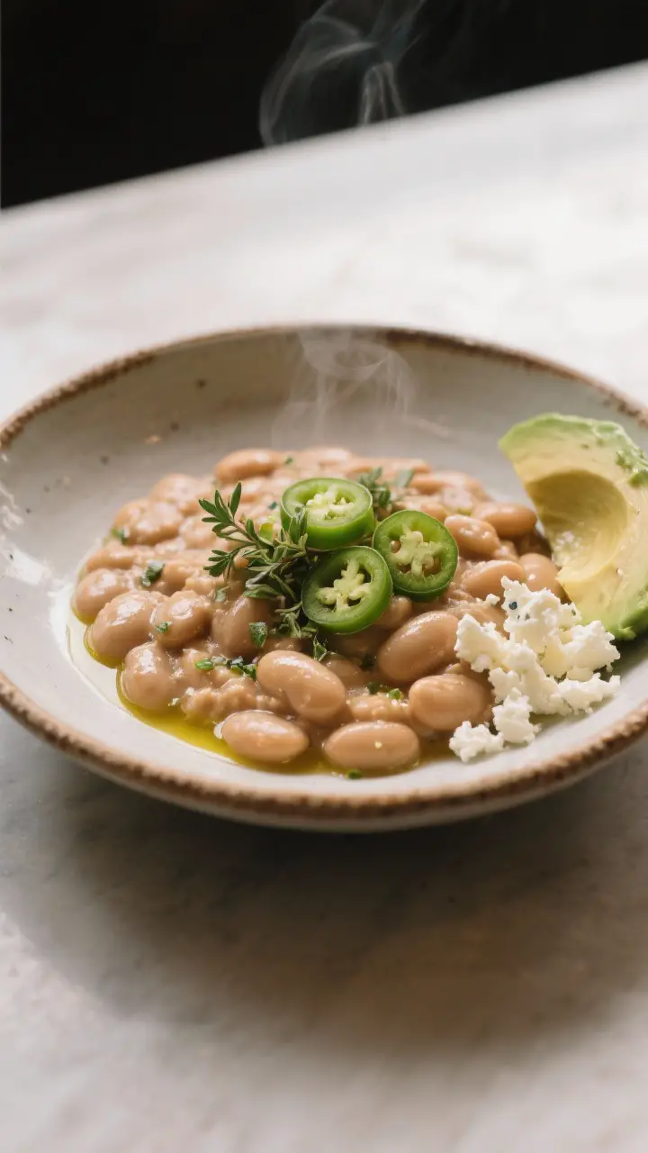 Final dish presentation: Restaurant-quality plating of creamy pinto beans as a main, slightly mashed
